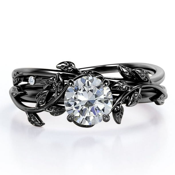 JeenMata Juego de Anillos de Boda de Diamantes Reales Redondos de Medio Quilate Juego de Anillos de Boda con Diamantes en Forma de Hoja y Enredadera: Oro Negro de 10 K