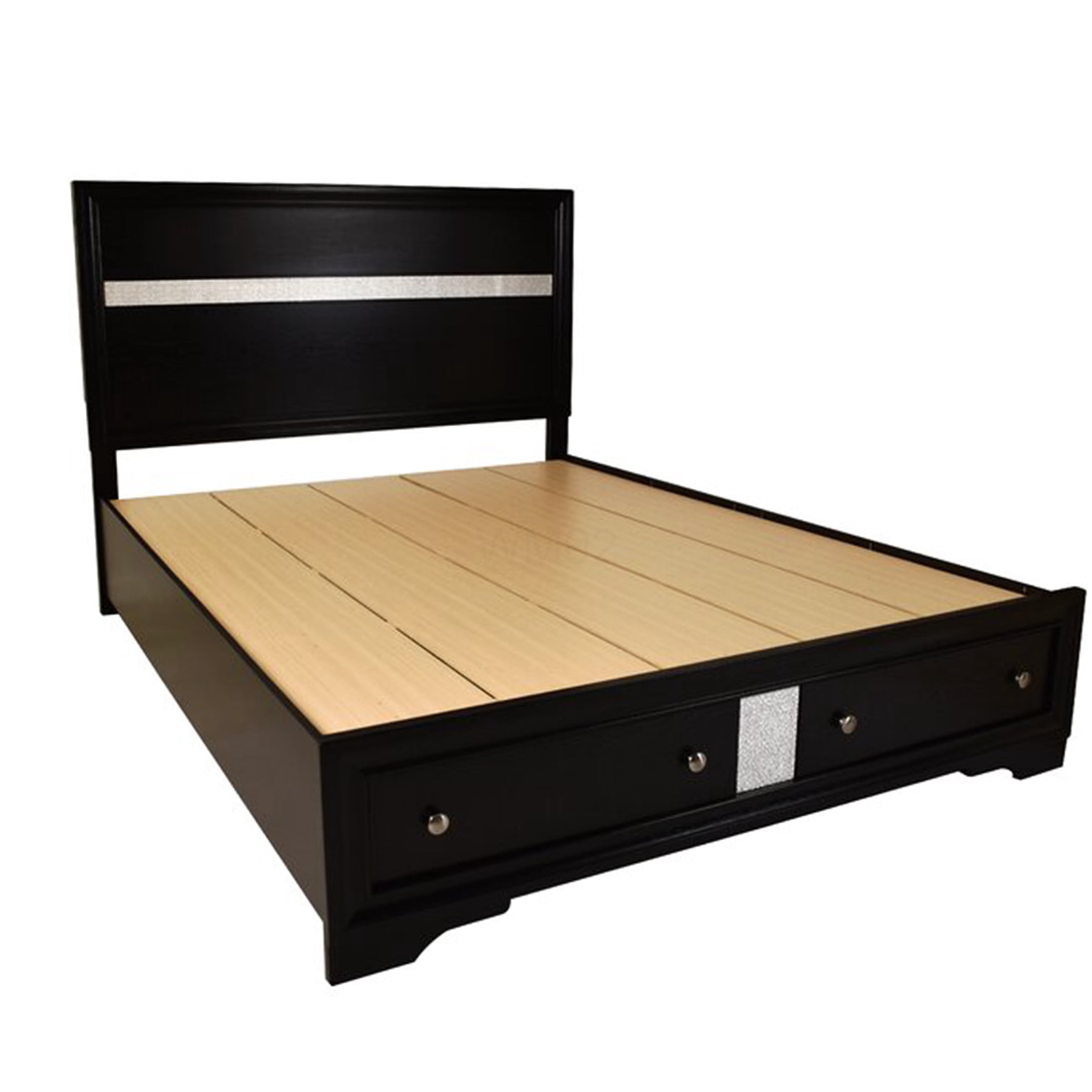 King Size Storage Bed Frame with Headboard and 2 Drawers, Black Wood Platform Bed for Master Bedroom, Sturdy Mattress Foundation with Built-in Storage Drawers