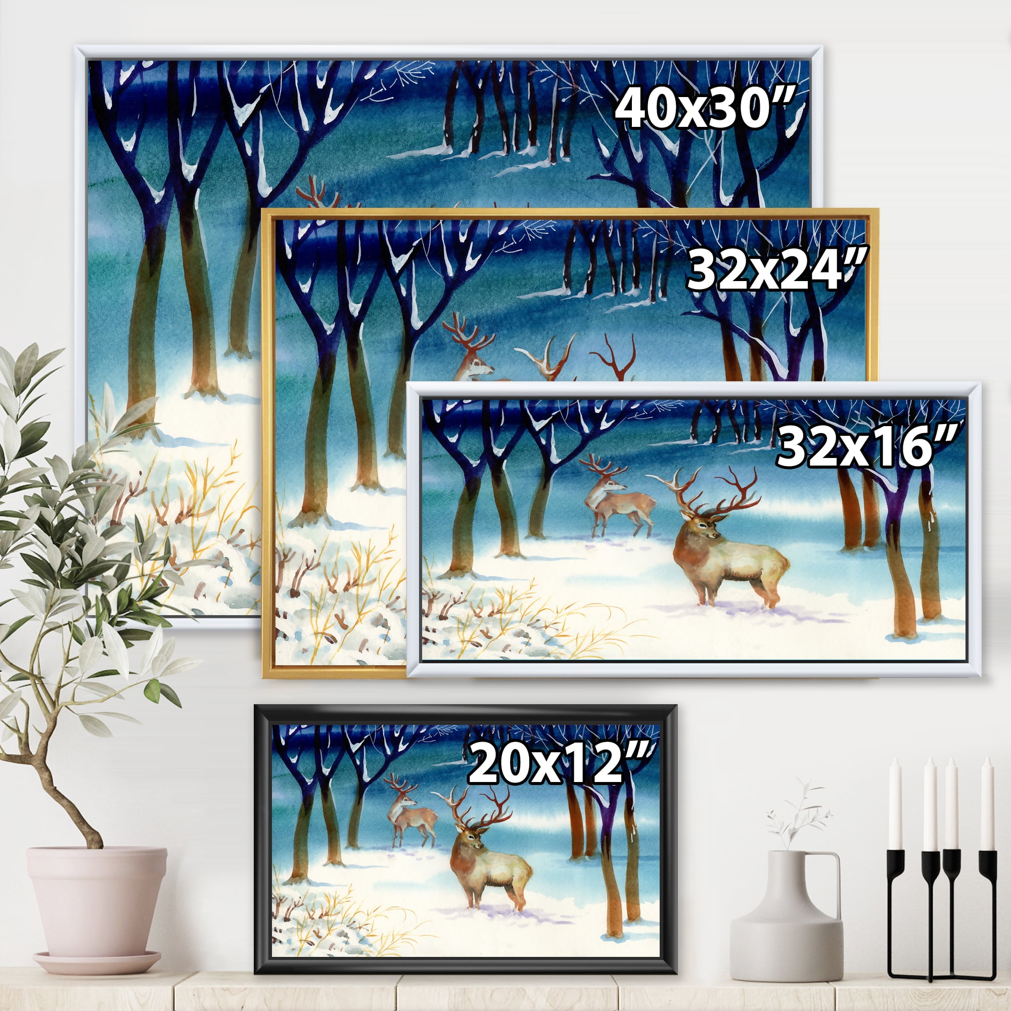 Designart 'Deers With Winter Landscape' Traditional Framed Canvas Wall Art Print