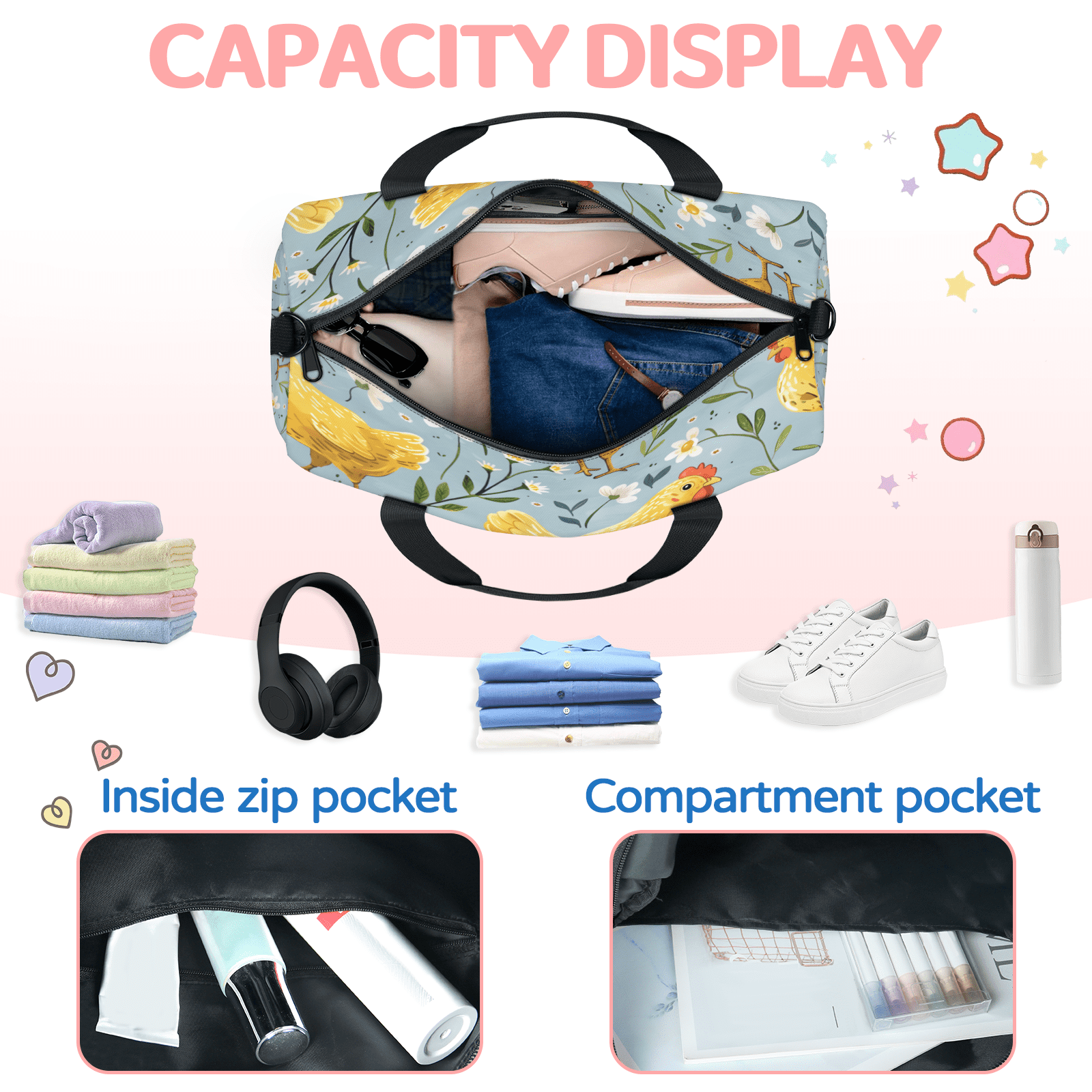 Herdesigns Chicken Travel Duffle Bag Sports Yoga Weekender Overnight Carry on Workout Bags Lightweight Waterproof Gym Tote Bag for Women Flower