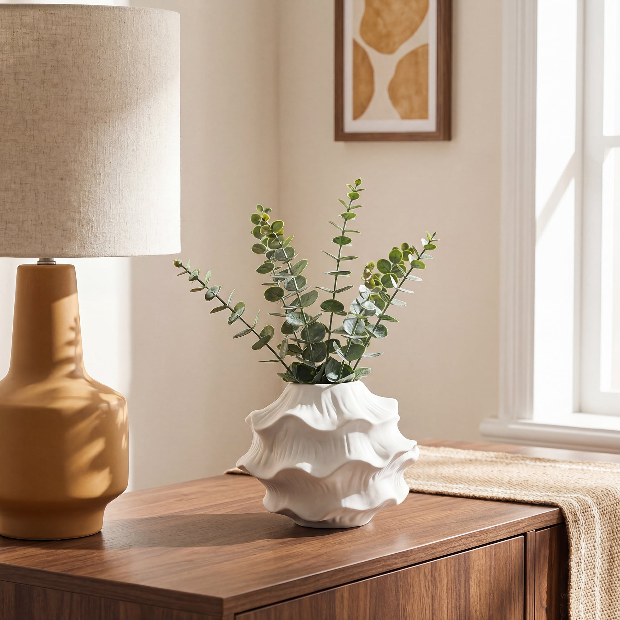 Unique Bargains Low Cylinder Ceramic Vase Wide Matte White Decorative Bowl White