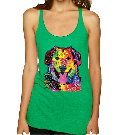 Wild Bobby, Smiling Dog | Colorful Neon Golden Retreiver | Dean Russo Art Animal Lover Tri-Blend Racerback Tank Top, Envy, Small