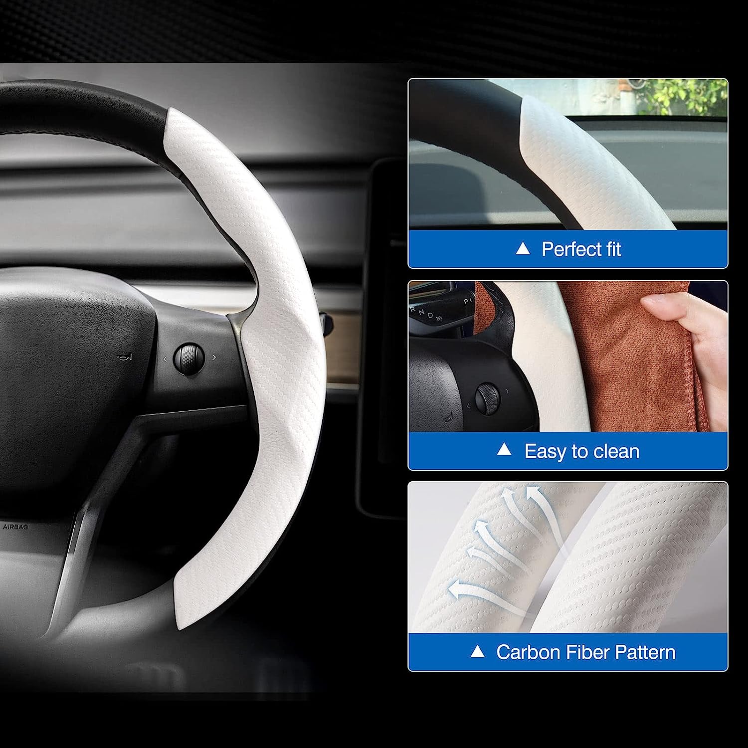 Steering Wheel Cover for Telsa Model 3/Y 2016-2025 2026 Highland/Juniper Accessories Carbon Fiber Steering Wheel Cover Protector Non-Slip, Comfortable, Breathable, Model 3/Y Accessories, White