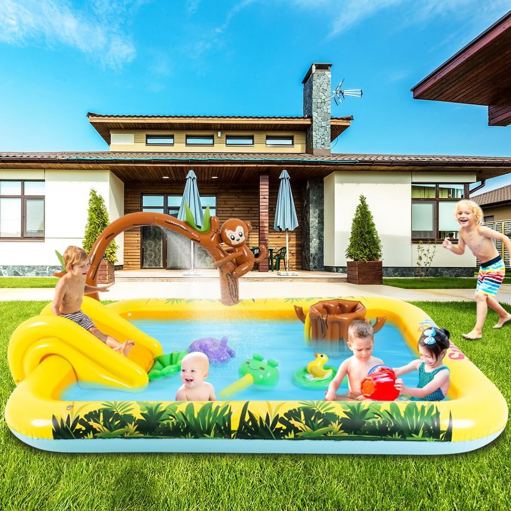 Inflatable Play Center, Inflatable Swimming Pool with Slide, Cartoon Animals Sprinkler Toy with Base Pool, Monkey, Tree Stump for Garden Backyard