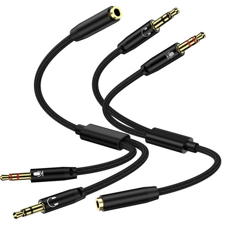 Headphone Splitter for Computer,2PCS Nylon Braided 3.5mm Female to 2 Dual Male Audio Splitter Cable Headphone Stereo Mic and Audio Jack Adapter Earphones Port Cord Gaming Headset to PC Laptop Adapter