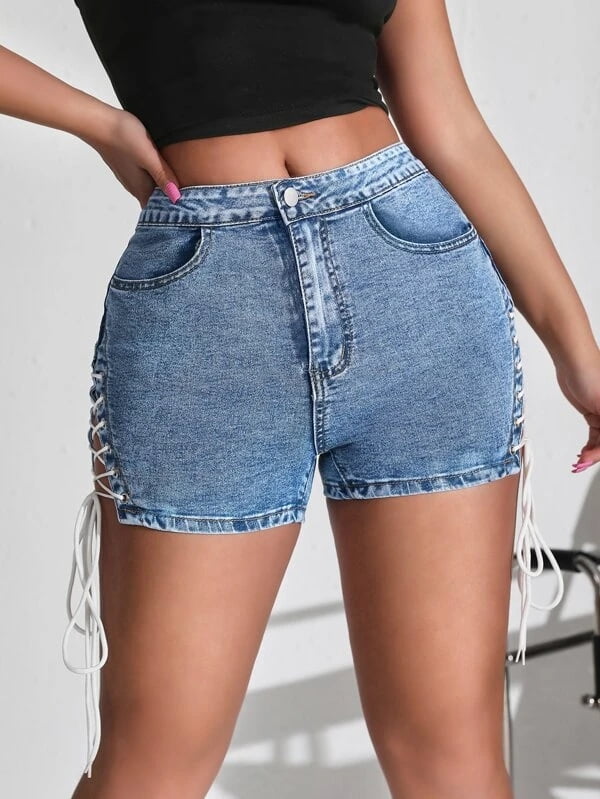 Grommet Lace Up Side Denim Shorts Women 