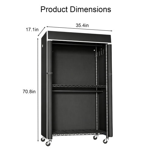 Freestanding Metal Garment Rack with Full Fabric Dust Cover, Single Hanging Rod Clothes Closet with Storage Shelf, Portable Wardrobe Organizer for Bedroom & Laundry Room