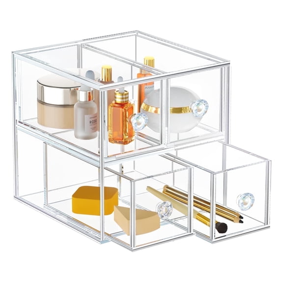 NIUBEE Stackable Storage Drawers, Acrylic Storage Containers, Glam Bathroom Counter Clear Drawers Organizer with 4 Box for Makeup, Jewelry, Beauty Supplies