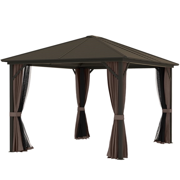 Homiyad 10' x 12' Hard Roof Gazebo with Curtains and Netting, Gazebo with Aluminum Frame and Hooks, Coffee| Aosom.com