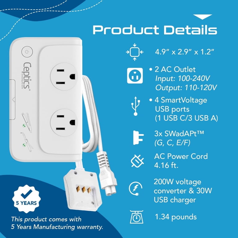 Ceptics European Travel Voltage Converter, 200W Adapter for Curling Iron, Straightener, Chargers, Step Down World Power Plug