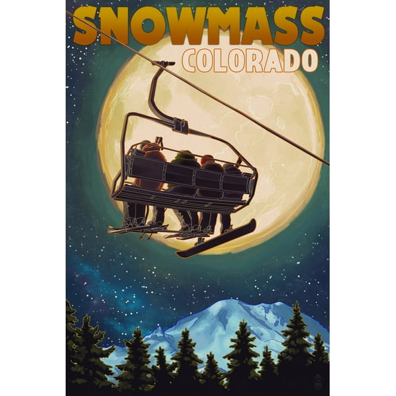 Snowmass, Colorado, Ski Lift and Full Moon with Snowboarder (36x54 Giclee Gallery Art Print, Vivid Textured Wall Decor)