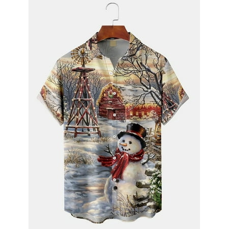 

MLFU Christmas Snowman Chest Pocket Short Sleeve Casual Shirt