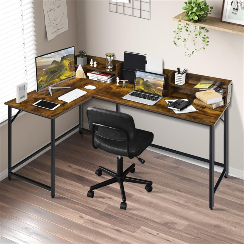 Demi Bonn 5.5" L-shaped Computer Desk with Bookshelf, Small Home Office Desk Study Writing Table, Brown