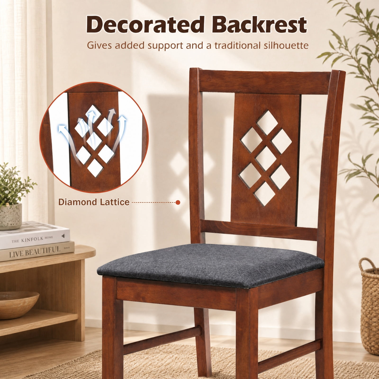 Furnibear Linen Style Upholstered Dining Chairs Set of 2 with Diamond Tufted Backrest and Rubber Wood Frames for Kitchen and Dining Room, Cherry