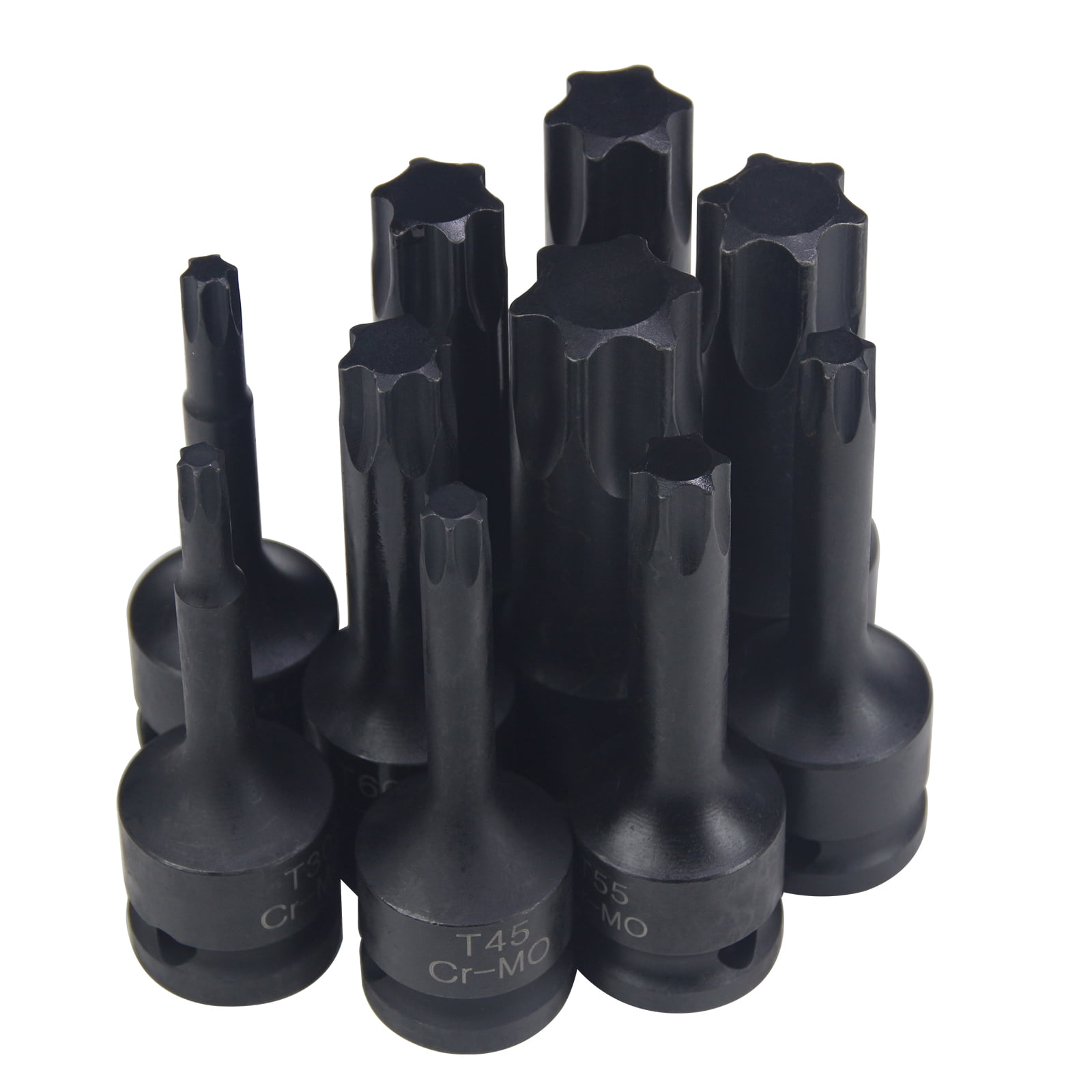 1/2 Inch Drive Torx Impact Socket Set with 10pcs Extra Long Bits, Cr-Mo Steel, Sizes T30 to T100 (T30, T40, T45, T50, T55, T60, T70, T80, T90, T100 Included), 3-Inch Bits, Complete with Storage Case