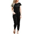 thumbnail image 6 of MLANM Women Short Sleeve Casual Off Shoulder Jumpsuit Elastic Waist Stretchy Long Romper with Pockets, L Black, 6 of 8