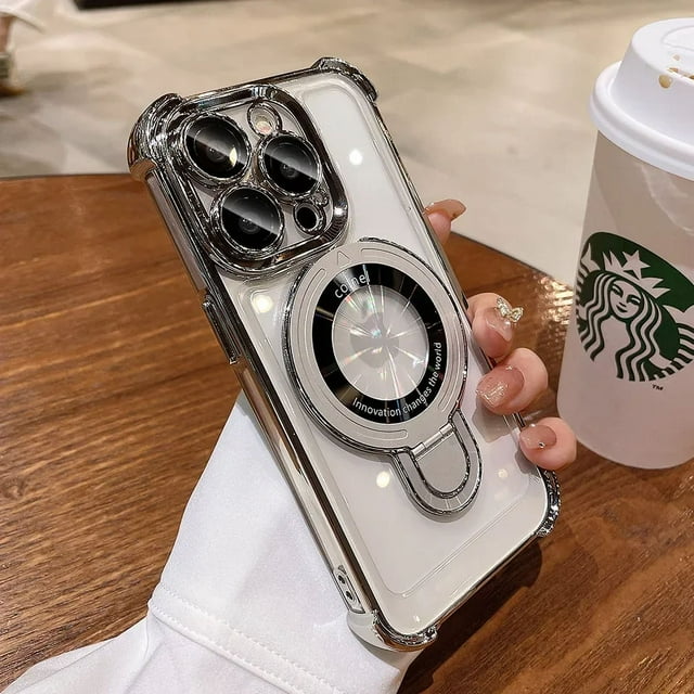 Luxury Plating Shockproof Magnetic Bracket Case For iPhone 15 16 11 12 13 14 Pro Max Plus For Magsafe With Holder Stand Cover Silver For iphone11Pro