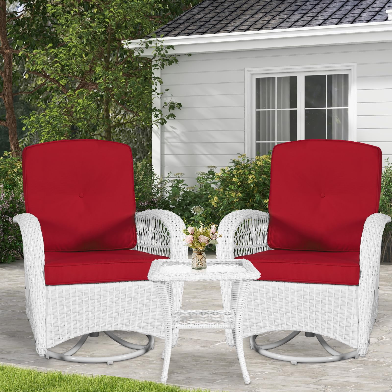 VIVIJASON 3-Piece Outdoor Conversation Bistro Set, Patio Swivel Glider Rocking Chairs Rattan Furniture Sets w/ 2 White Rattan Chairs, Glass Top Side Table for Porch Backyard, Red Cushions