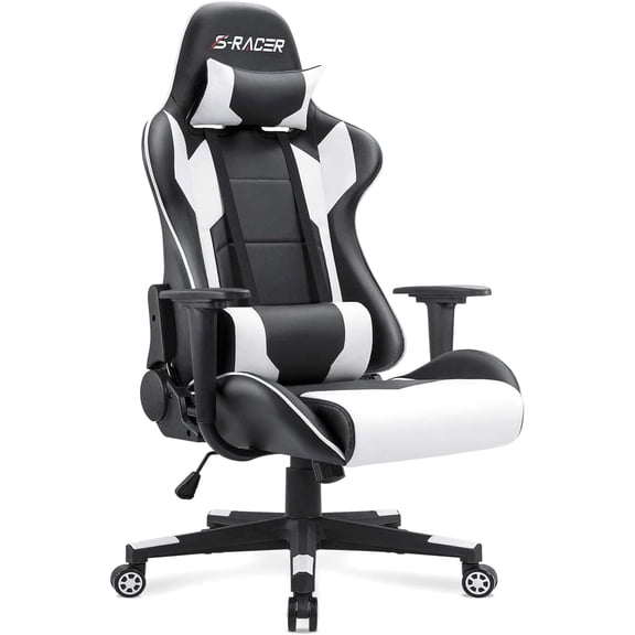 Gaming Chair, Office Chair High Back Computer Chair Leather Desk Chair Racing Executive Ergonomic Adjustable Swivel Task Chair with Headrest and Lumbar Support (White)