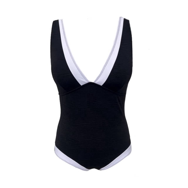Traje de Baño Ocean Pacific para Mujer Completo con Textura, Escote en V con Contraste Negro Talla EG