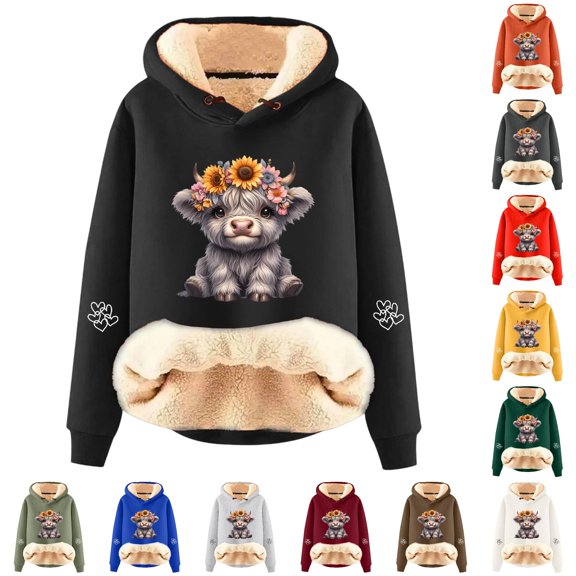 NinXxx Women's Cute Cow Print Lined Hoodie Long Sleeve Daily Wear Black L
