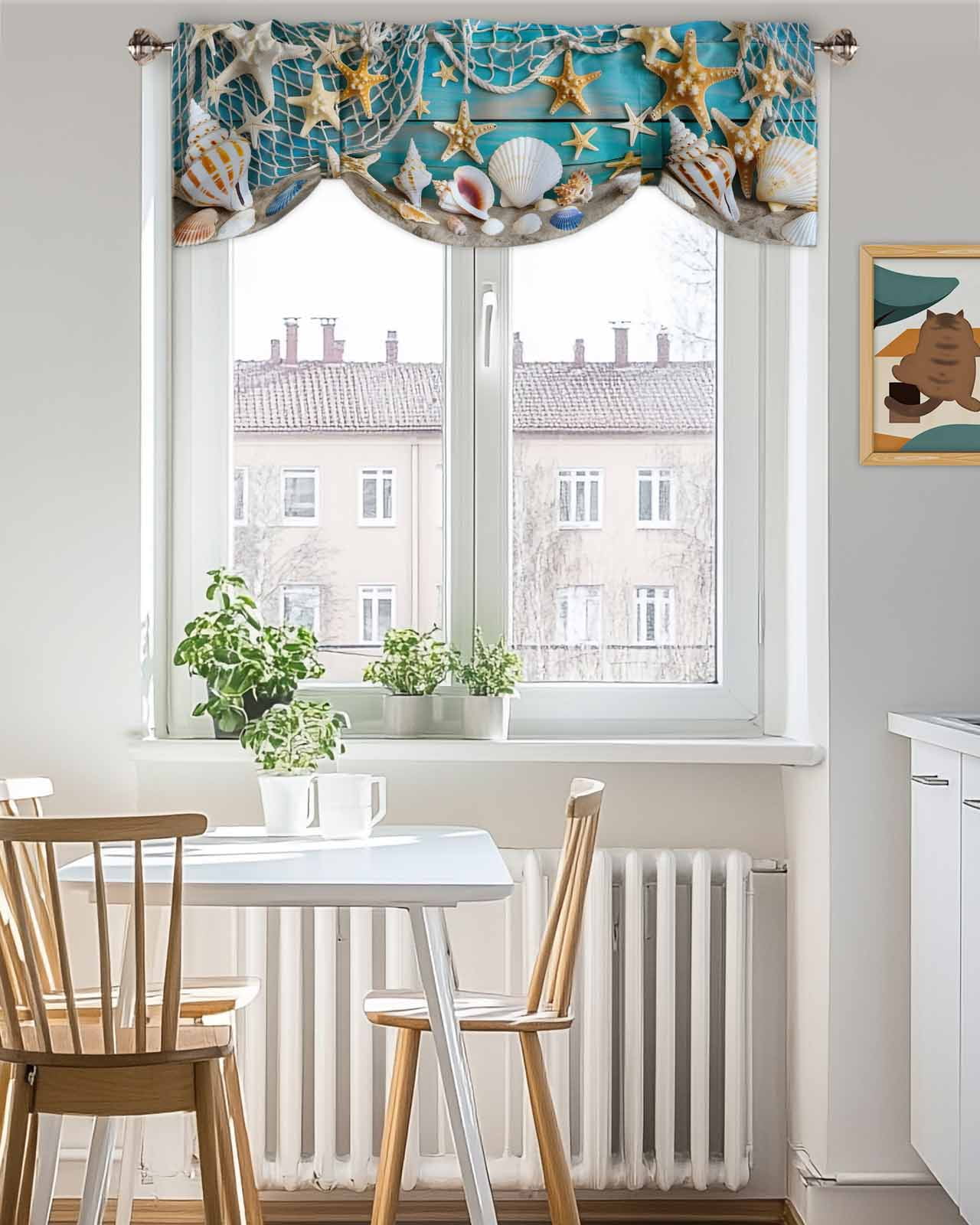 Coastal Beach Tie Up Valances Curtain, Adjustable Kitchen Conch Starfish Valances for Windows Decor, Rod Pocket Short Curtains Set for Bedroom/Bathroom, 60"x18"