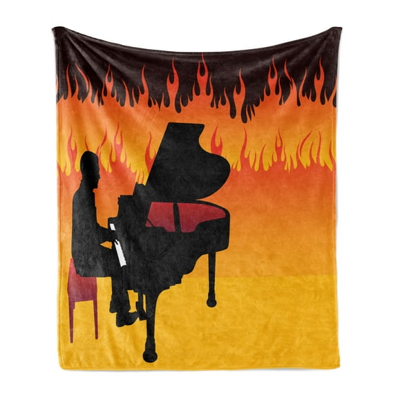 Music Soft Flannel Fleece Throw Blanket, Pianist Musician Silhouette on Flames Background Illustration, Cozy Plush for Indoor and Outdoor Use, 60" x 80", Marigold Multicolor, by Ambesonne