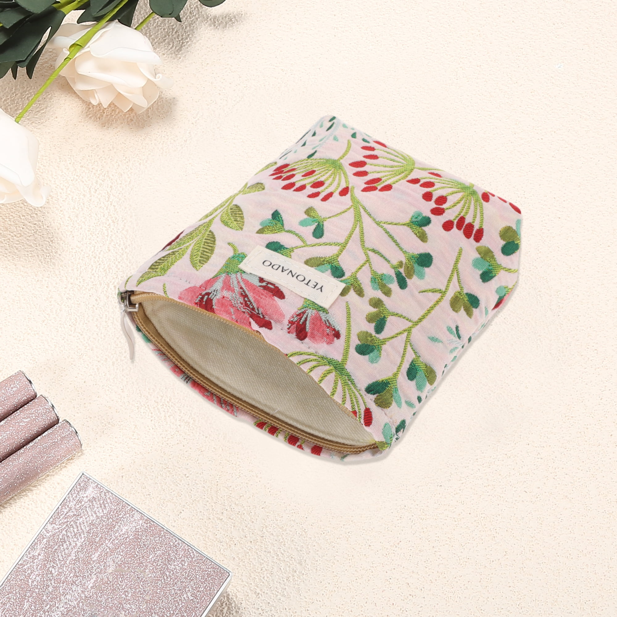 Unique Bargains 1 Pc Portable Galsang Flower Makeup Bag for Women Beige Small