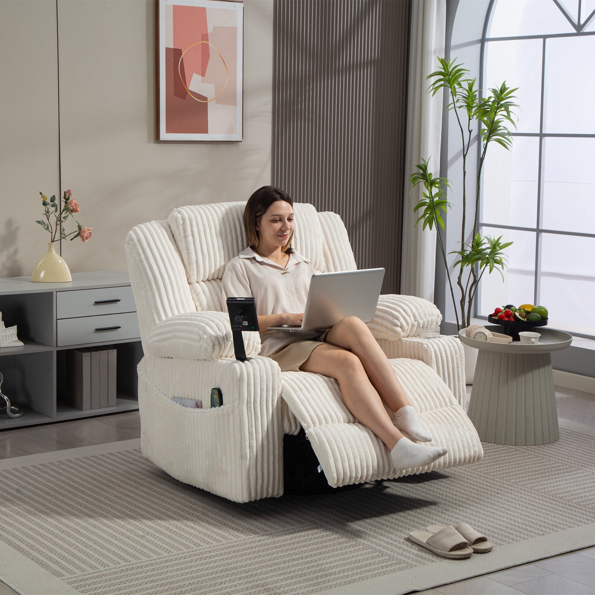 LITVZ Power Oversized Swivel Rocker Recliner with Adjustable Headrest, Dual Motor Glider Nursery Rocking Chair with Vibration Heat, USB A&C Ports, Armrest Storage, Cup Holder for Adults