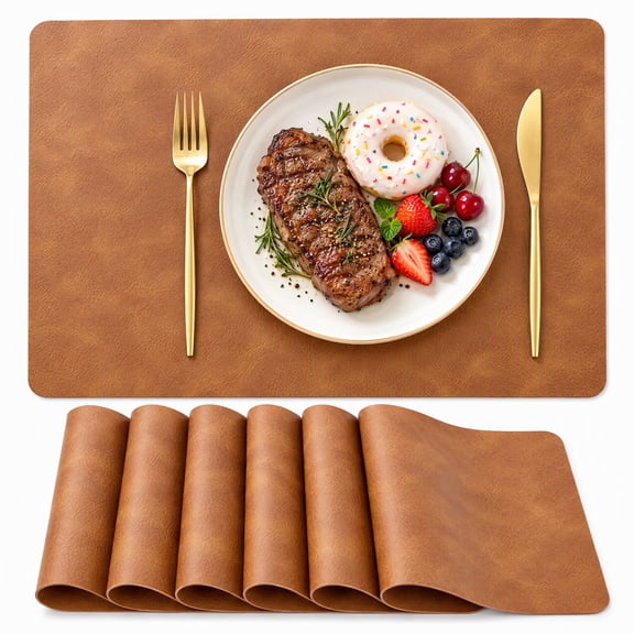 Gifftrixor Heat Resistant Vinyl Faux Leather Placemats, Set of 6,Brown Waterproof Oil-proof Table Place Mats, Non Slip, Wipeable, Reversible, for Kitchen, Dining, Party, 17"x12"