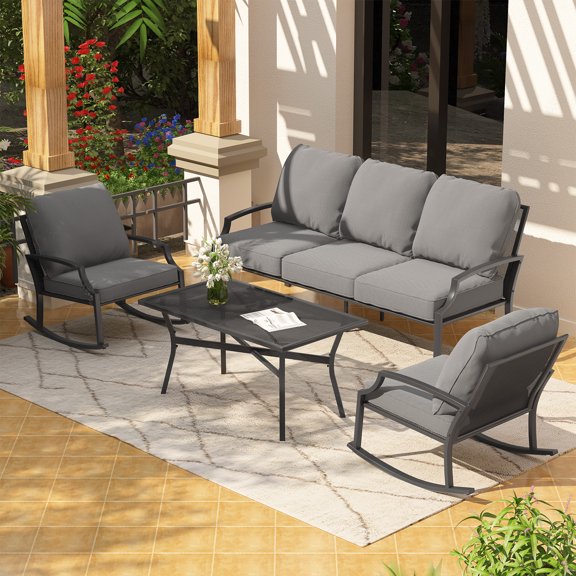 AECOJOY Outdoor Patio Furniture Set with Rocking Chair,Metal Mesh Patio Conversation Bistro Set with Coffee Table for Porch Deck Backyard Garden
