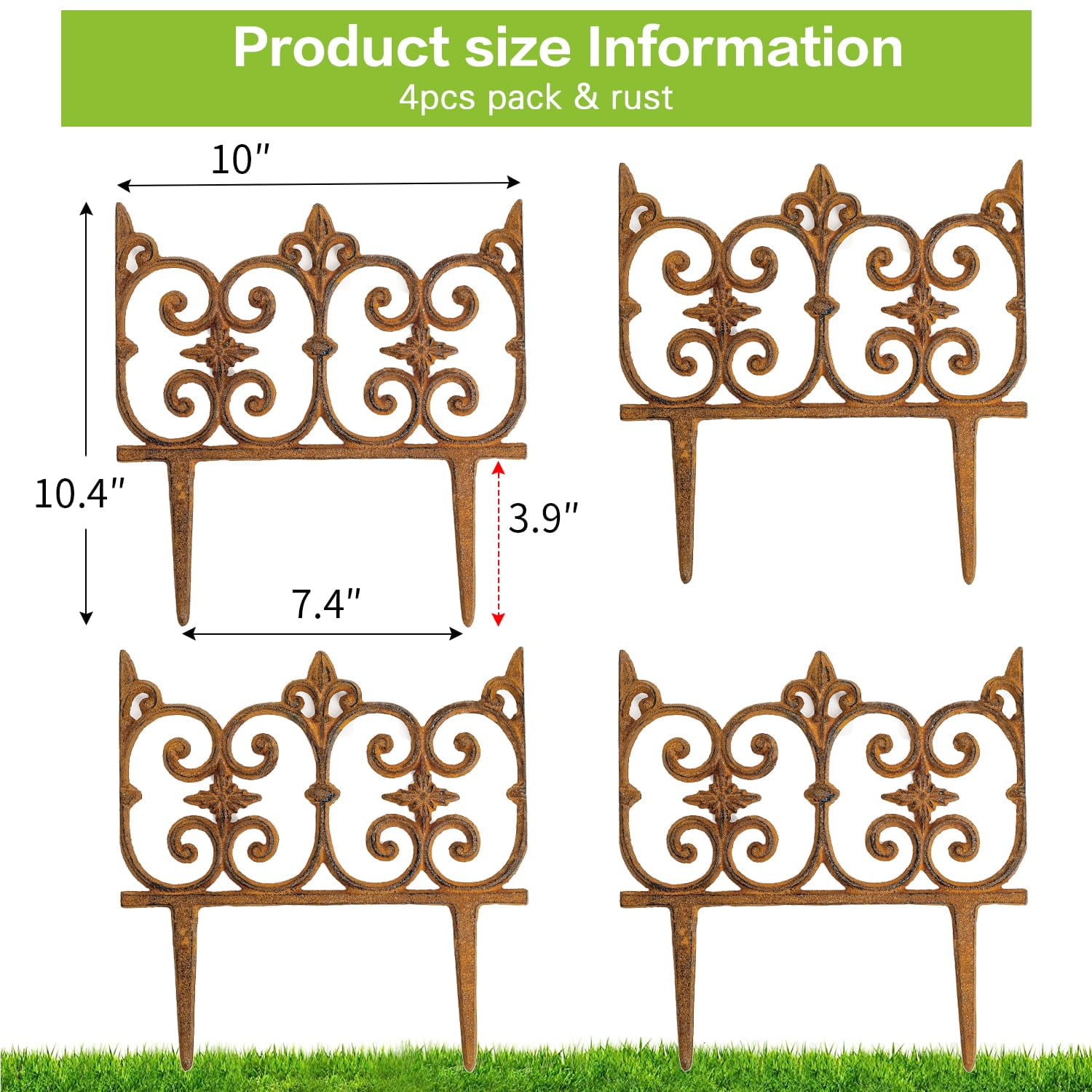 Sungmor 10.6" x 10" Cast Iron Garden Border Edging, Rust, Landscape Decor, 4 Count