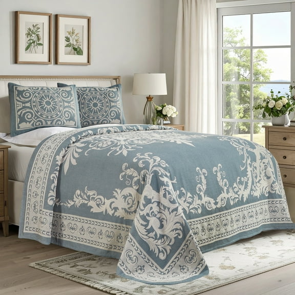 Superior Woven Jacquard Bedspread Set Queen Size, 3-Piece Lightweight Oversized Coverlet, Cerulean Blue