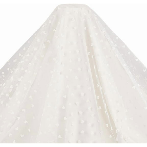 1pc 2 Yards×63inch White Flocking Heart Lace Mesh Fabric Lightweight Tulle Lovely Velvet Heart Lace Trim Fabric for DIY Wedding Tutu Valentine Decor Craft Accessories