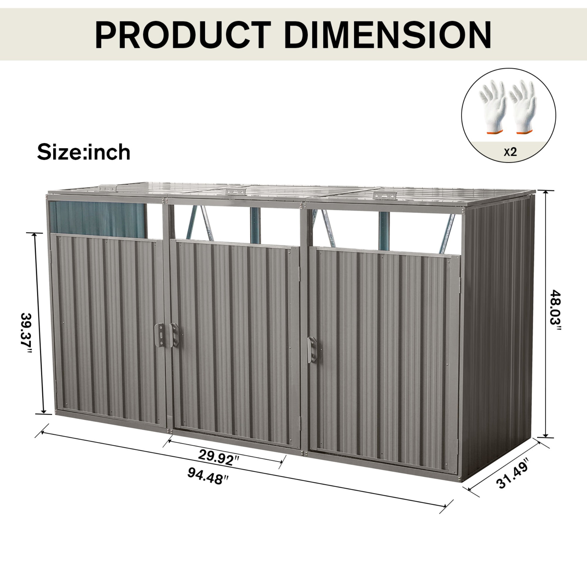 JXXRZ Metal Garbage Bin Shed for 3 Trash Cans with Lockable Doors and Lids,Galvanized Steel Garbage Bin Storage Shed for Garden Yard Lawn, Grey