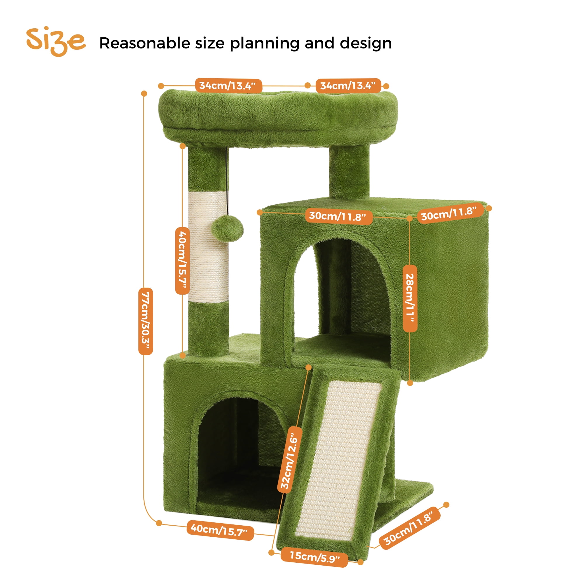 PAWZ Road 30" Cat Tree Condo with Sisal Scratching Post Tower Ramp for Indoor Cats,Green