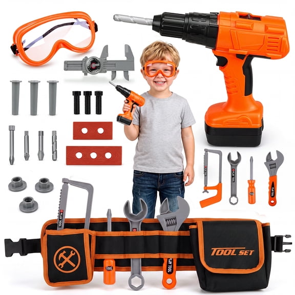 Leimiao Kids Tool Set with Realistic Electric Power Drill, Toddler Tool Belt & Pliers, Plastic Pretend Construction Toys Ages 3