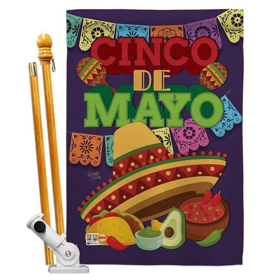 Breeze Decor BD-SW-HS-115113-IP-BO-D-US16-BD 28 x 40 in. Vertical Cinco De Mayo Country & Primitive Southwest Impressions Decorative Double Sided House Flag Set with Pole & Bracket Hardware