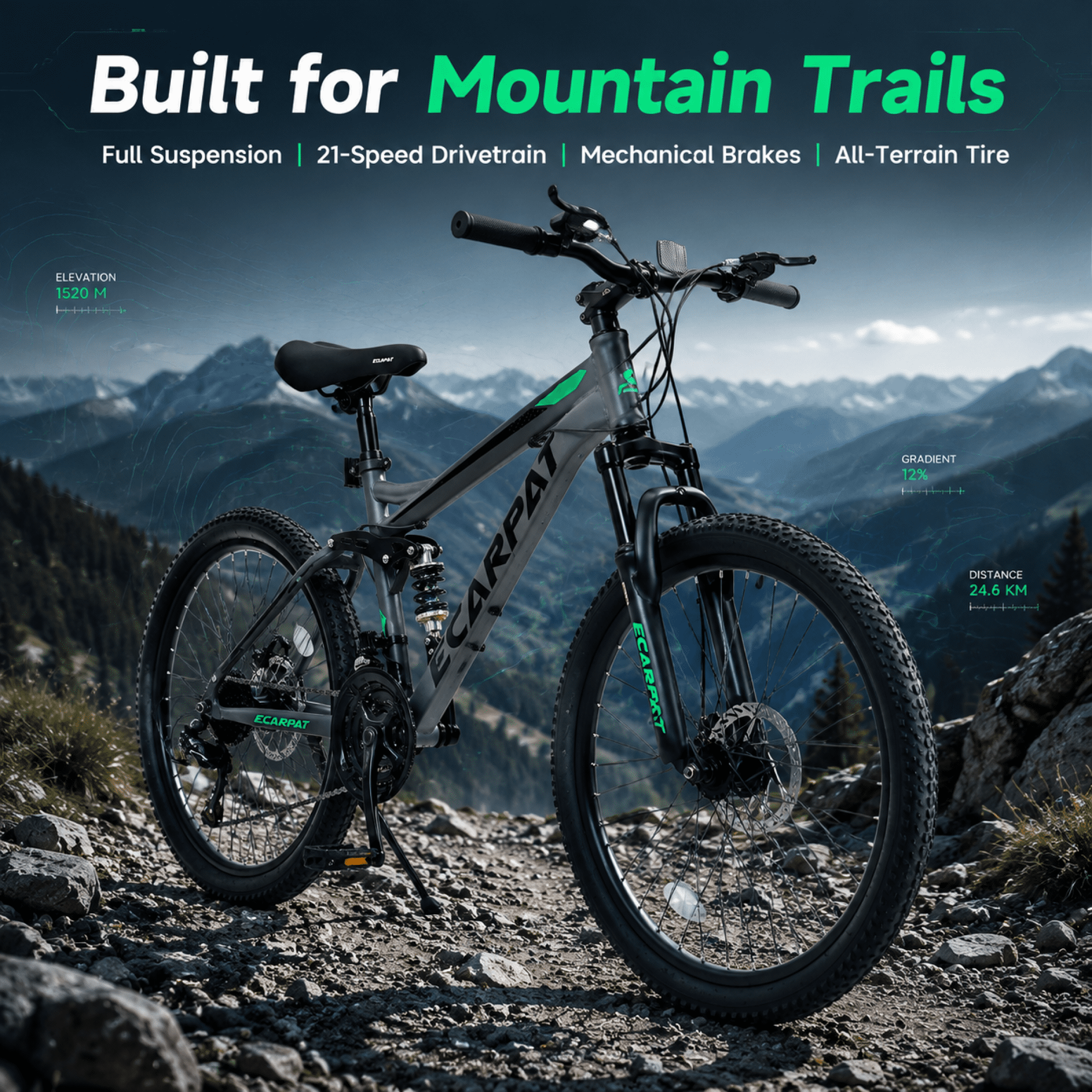 FUPOJH 26" Full Suspension Mountain Bike,21-Speed,Disc Brakes,250lb,Adult Unisex All-Terrain Bike,Gray