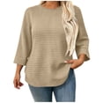 thumbnail image 2 of Mifsaly Plus Size Crewneck Sweatshirts Women Waffle Textured 3/4 Sleeve Pullover Sweatshirt Khaki,XXXL, 2 of 8