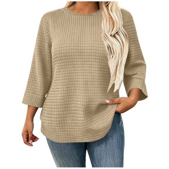 SuTry Plus Size Women's Sweatshirt Crew Neck 3/4 Sleeve Quilted Pullover with Curved Hem for Casual Fall Days and Cozy Lounging