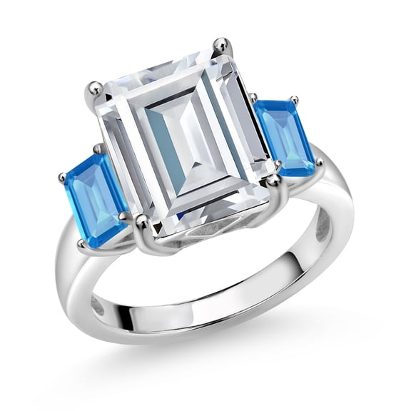 Gem Stone King 925 Sterling Silver Swiss Blue Topaz Ring Set with Moissanite (8.78 Cttw) (Size 7)