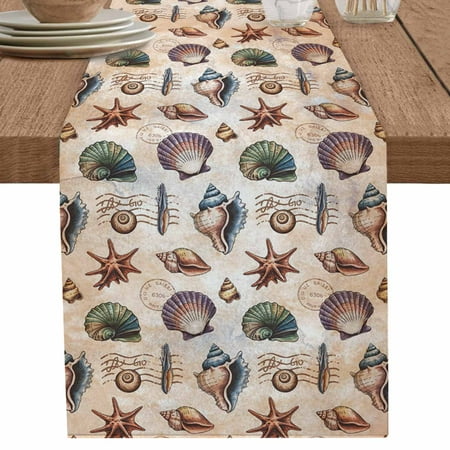 

Retro Ocean Starfish Conch Shell Table Runner-70 Inch Long Summer Marine Life Table Runners Linen Burlap Tablerunner for Kitchen Dining Room Holiday Party