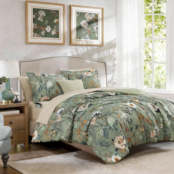 Catami Floral 7-piece Bed in a Bag Queen Comforter Set with Sheets,Green Butterfly&floral