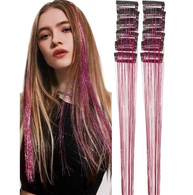 Pink glitter colored hair extensions seamless clip-on highlight wig for women gradient shiny braided hair bundle