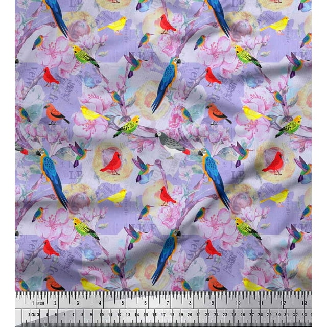 Soimoi Purple Poly Georgette Fabric Floral,Parrot & Hummingbird Bird Print Fabric by The Yard 52 Inch Wide