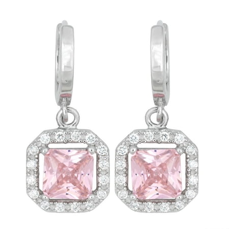 TheJewelryHut Designer Sterling Silver Square Dangling Pink CZ Micro Pave Earrings