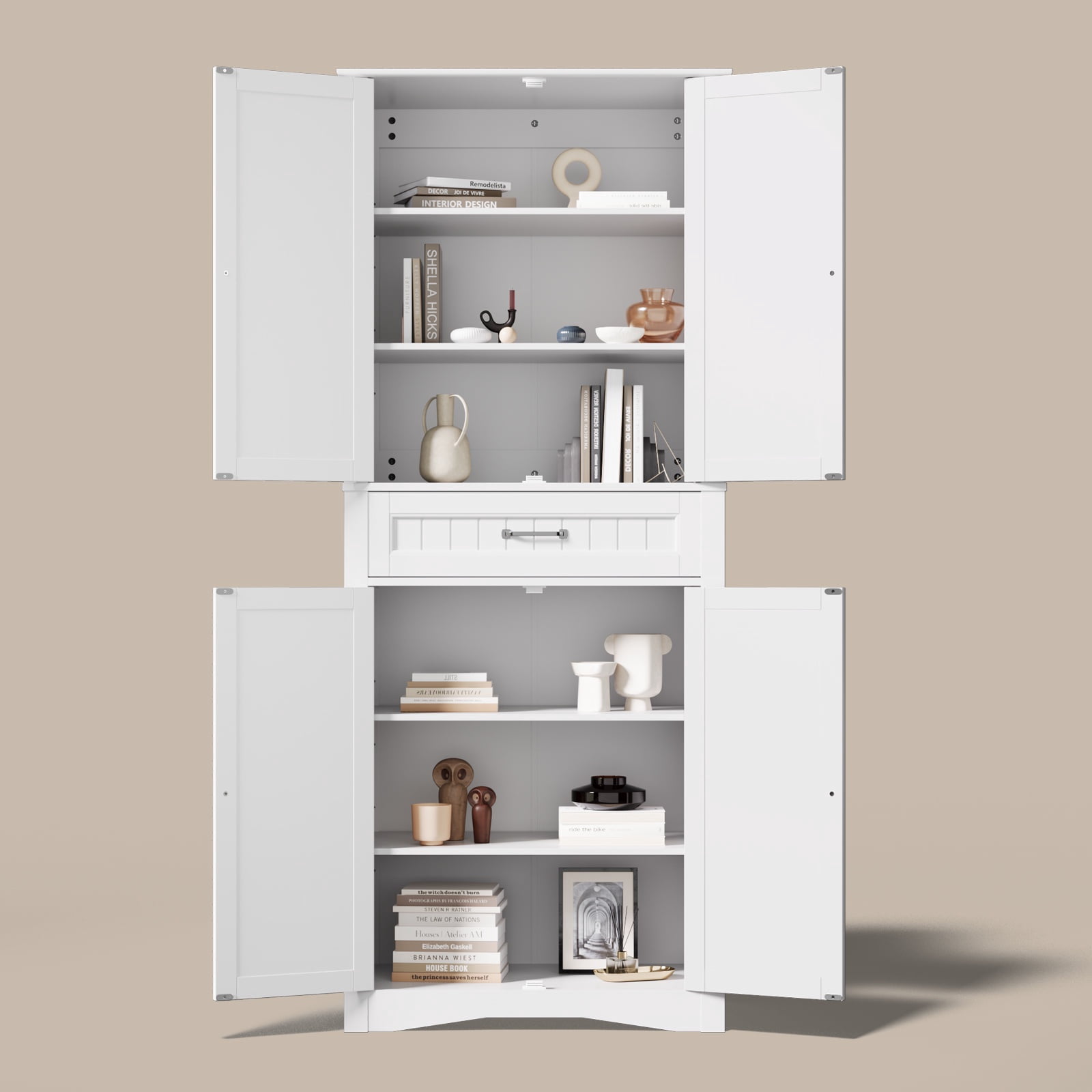 Asofer 71 Inch Tall Kitchen Pantry Cabinet with 4 Doors, Adjustable Shelves & 15" Deep Drawer, White
