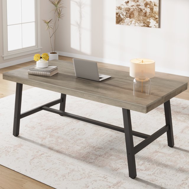 71 Inch Farmhouse Dining Table Rectangular, Modern Wood Kitchen Table for 6 to 8 with Adjustable Feet, Seats Dining Living Room, Black/Brown/Grey/Wood