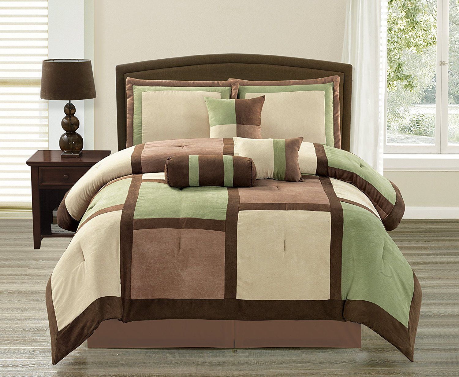 Soft Suede Sage & Brown Bentley 7 Piece Comforter Set Queen Size